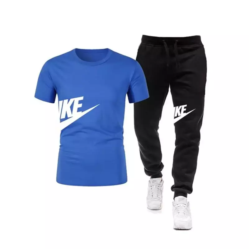 男性用の快適な2ピーススポーツウェアセット,半袖Tシャツ,ロングパンツ,2024