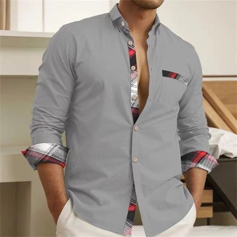 ポロシャツカラー長袖シャツ、3Dパッチワークプリントシャツ、単色、カジュアル、パーティー、オフィス、快適なショート