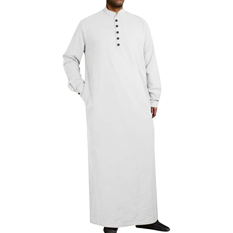 Jubah Muslim kancing panjang sederhana gaya Arab Tengah pria jubah Muslim lengan panjang jubah belah samping jubah saku kancing