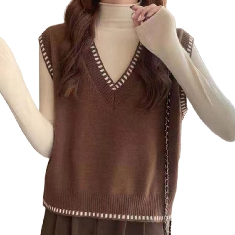 Maglione lavorato a maglia con scollo a V senza maniche da donna, maglione casual stile preppy