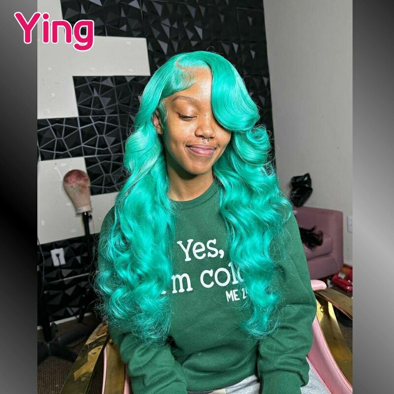 Ying Mint verde colorido peruca de onda do corpo, peruca frontal do laço, pré-arrancado com cabelo de bebê, peruca frontal transparente do laço, 200%, 13x4, 13x6, 34 em