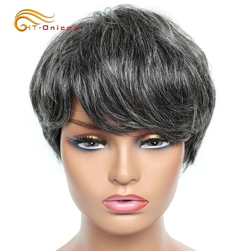 Pelucas de cabello humano para mujeres, pelo corto con corte Bob Pixie, brasileño, con flequillo, barato