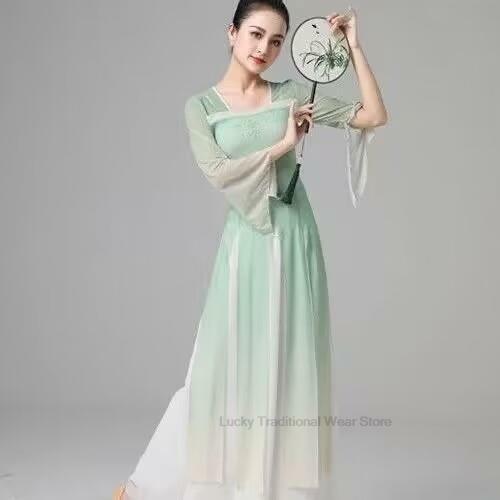 Tradicional Chinês Vintage Dance Dress Abertura Dance dress + pants Set Performance Vestido Antigo Chiffon Dance Suit Folk