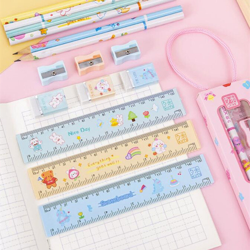 28Sets 5 in 1 Cute Cartoon Pencil Set Portable Stationery Set for Kids Gift Pencil Eraser Sharpener Ruler School Supplies