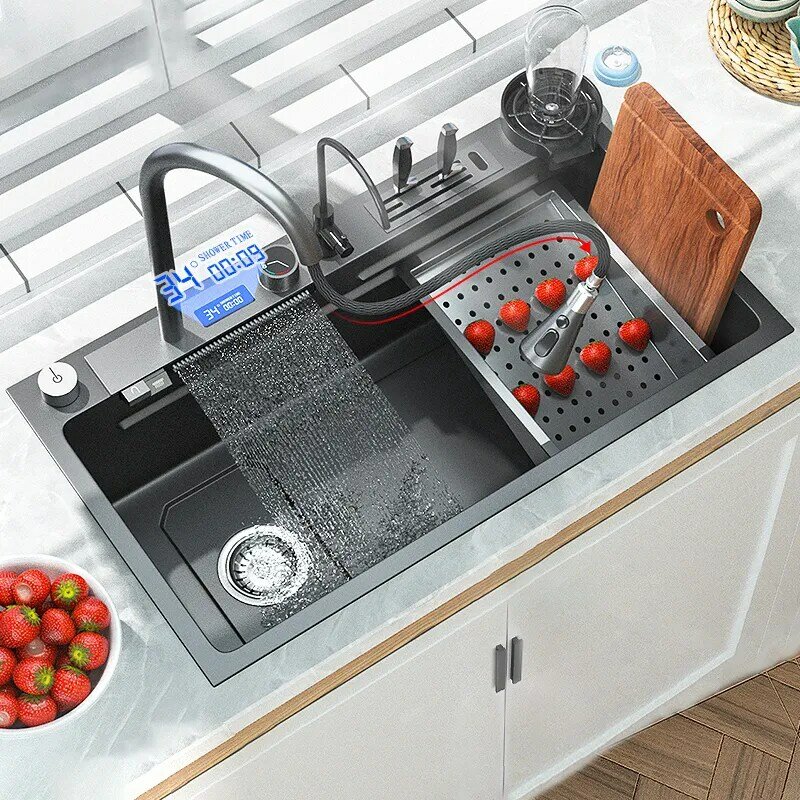 Grand évier de cuisine en acier inoxydable 304, Cascade, Affichage numérique, Simple, Bassin à vaisselle, Cascade tactile multifonction