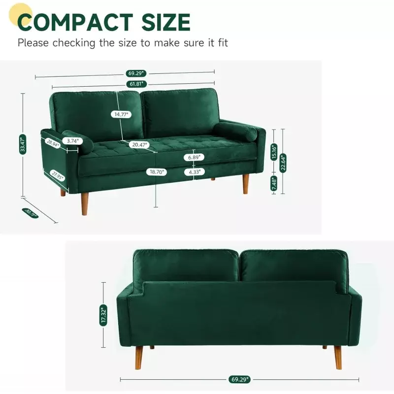 Vsegantti-sofá de terciopelo verde de 70 pulgadas, sofás modernos de mediados de siglo para sala de estar, sofás verdes de 3 plazas con 2 almohadas, arriba