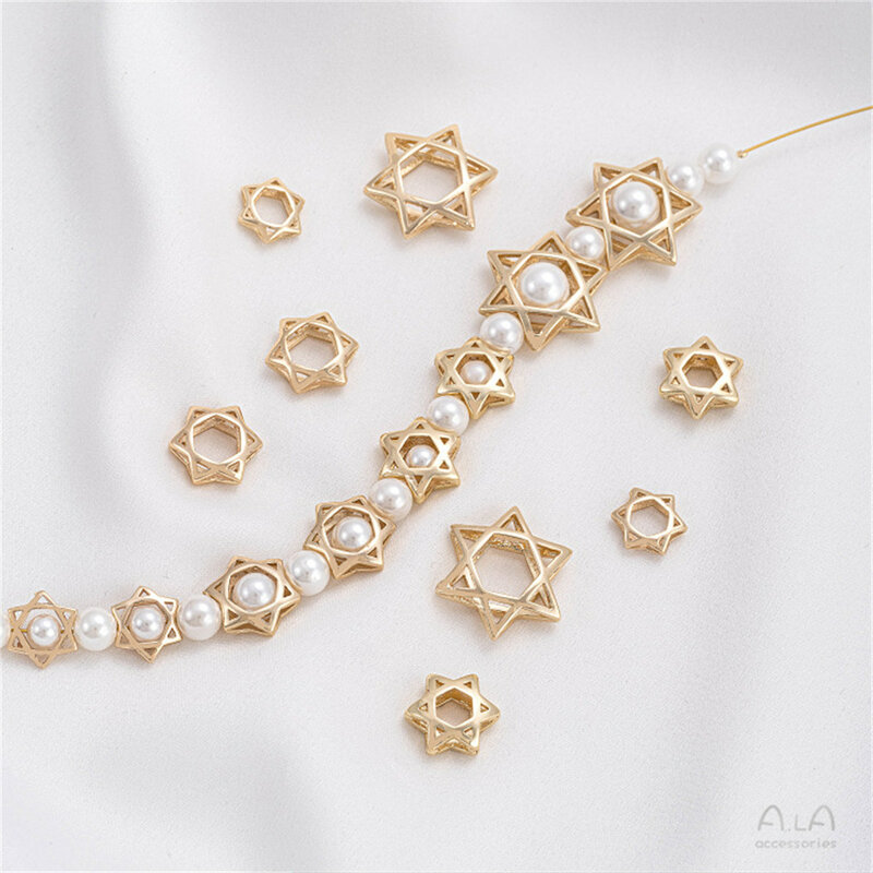 14K Gold-Plated Hexagonal Estrela Bead Anel, Handmade frisada Partition Ring, DIY Pulseira, Colar Acessórios, Esvaziada, C379