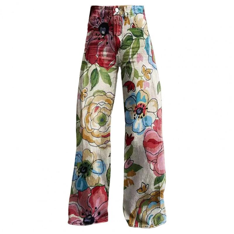 Loose Women Retro Casual Pants Mid-rise Button Zipper Fly Wide Leg Long Pockets Digital Floral Print Pants Summer