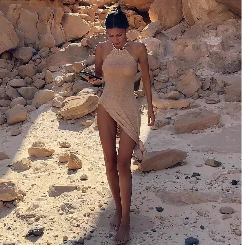 Robe de plage maxi transparente, sexy, kintted cover-up, fente latérale, pour bikinis, élégante, col licou, été 2024