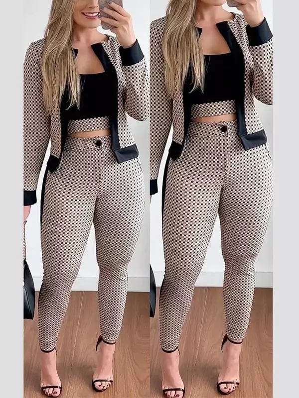 Sets Outifits 2023 Autumn New 3PC Plaid Print Contrast Paneled Crop Top & Pants Set with Coat of Fashion Casual  Elegant Female