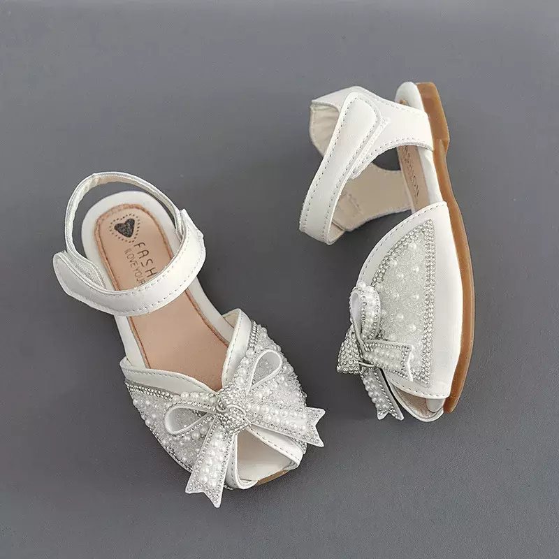 Sandalias de vestir de princesa para niña, chanclas planas elegantes para fiesta de boda, con lazo de perlas, sandalias informales elegantes para niño