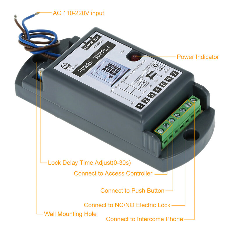 Access Control Power Supply, Pequeno Volume Usado para Sistema de Controle de Acesso, Tensão Larga, 12V, 3A Output