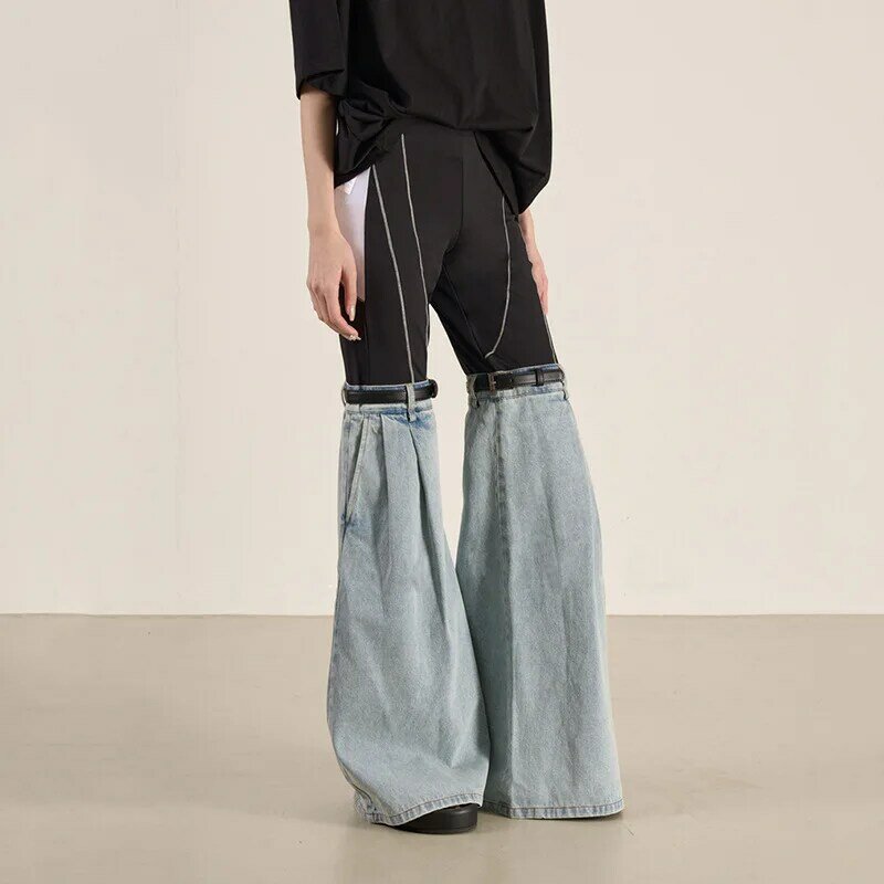 Patchwork Jeans Trousers for Women Summer Designer Versatile Slim Contrast Color Lines Elastic Waist Straight Leg Pants