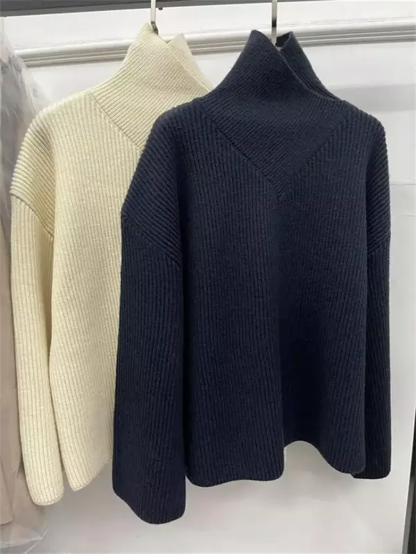 Autunno inverno nuove donne Pullover lavorato a maglia asimmetrico filettato tinta unita dolcevita maglione sciolto