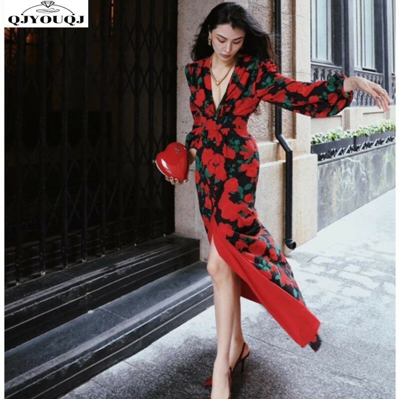 2024 primavera/estate edizione coreana nuovo stile rosa con scollo a v a maniche lunghe Design di fascia alta stampato tendenza del vestito