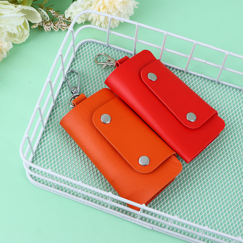 1 buah tas penyimpan kunci mobil kulit PU portabel, tas penyimpanan warna polos sederhana dengan penutup dompet uniseks