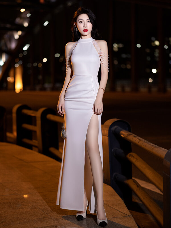 Suknia wieczorowa, kobieca czerwona seksowna luksusowa bankietowa, lekka luksusowa suknia z frędzlami Cheongsam toastowa spódnica hosta Fishtail