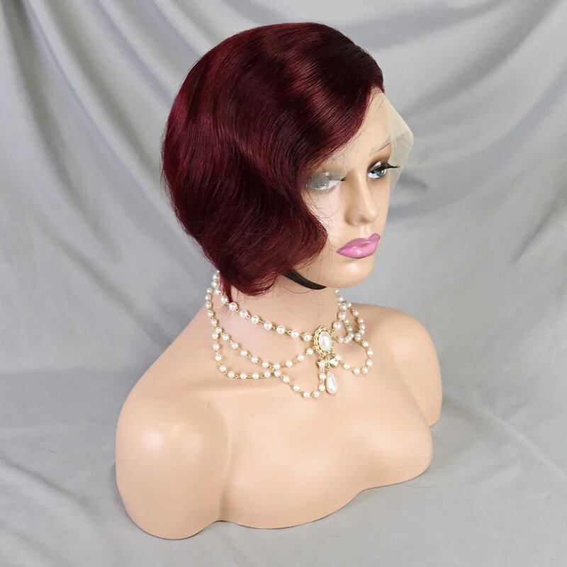 Pixie Cut Cabelo humano reto curto para mulheres, perucas frontais de renda, cabelo remy sem cola, pronto para usar, 13x4, 99J