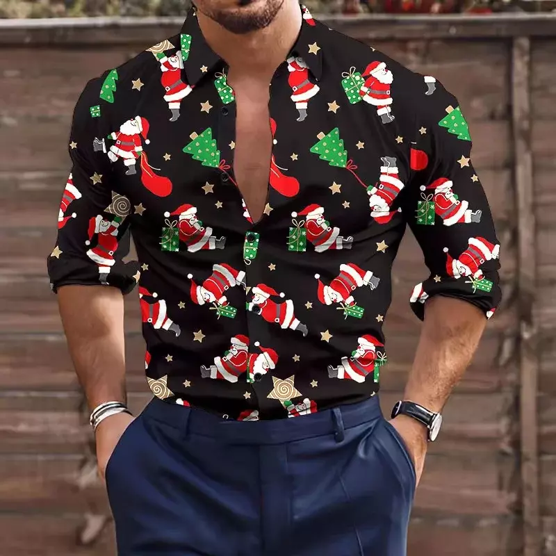 Shirt Christmas Button Long Sleeve Casual Outdoor Plaid Elk Christmas Snowman 2023 New Designer Design Men's Plus Size