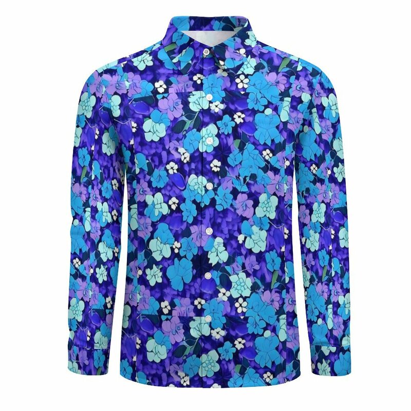 Blue Flower Casual Shirt Men Ditsy Floral Print Street Style Shirt Spring Vintage Blouse Long Sleeve Graphic Oversize Clothes
