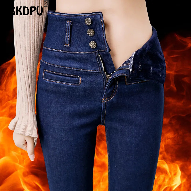 Calças jeans de veludo grosso e magro feminino, jeans de cintura alta, botão voador, lápis elástico quente, plus size 5XL, inverno