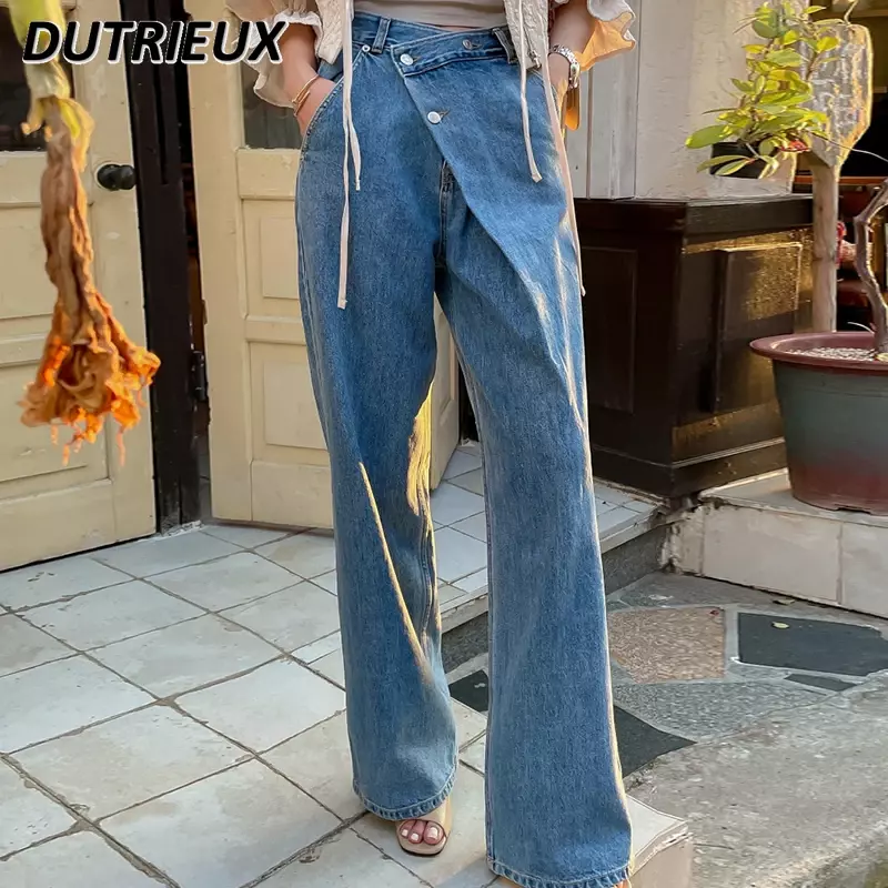 Korea Style Autumn Retro Minority High Waist All-Matching Denim Pants Irregular Diagonal Buckle Design Wide Leg Jeans for Women