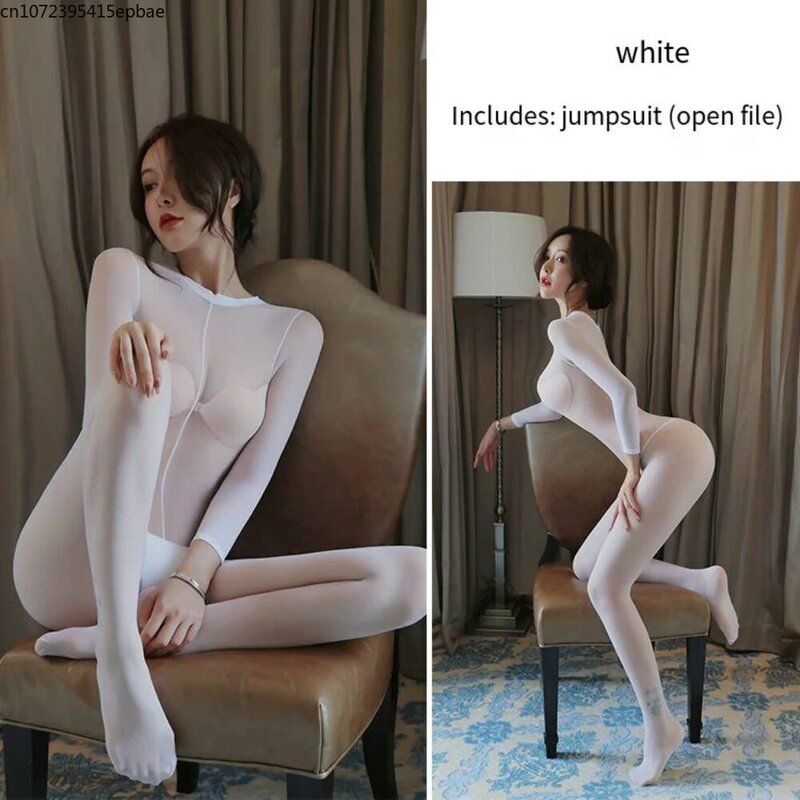 1$Open File Pantyhose Long Sleeve Suit Sexy Female Nightclub Outfit Whole Body Pantyhose Black and White Color Multiple Optional