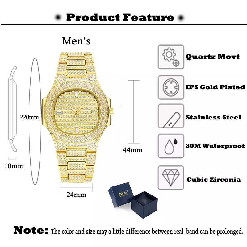 Pełen Bling diamenty zegarek mężczyźni luksusowa marka Hip Hop ICED Out męskie zegarki kwarcowe biznes zegar wodoodporny Reloj Hombre Missfox