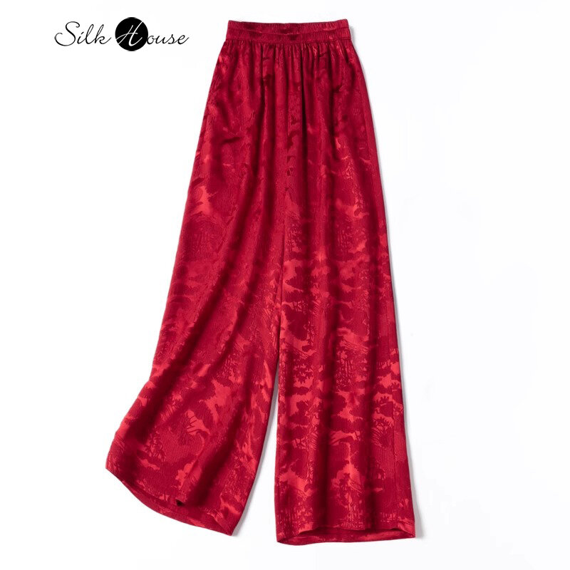 2024 Women's Summer New 30MM 50% Natural Mulberry Silk GuanLe Satin Relief Pocket Design Red Fashion Wide Leg Pants