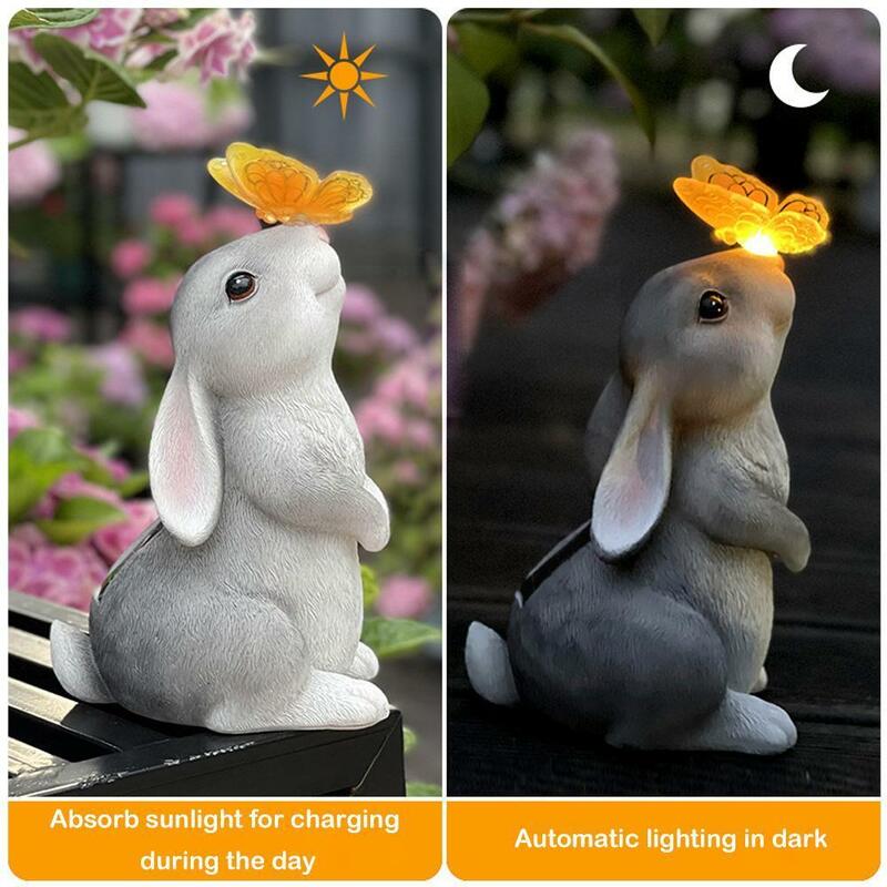 Estatua de cachorro de conejo alimentada por energía Solar única de resina con luz LED, estatuilla de cachorro de mariposa impermeable sin decoloración para el hogar H1E1