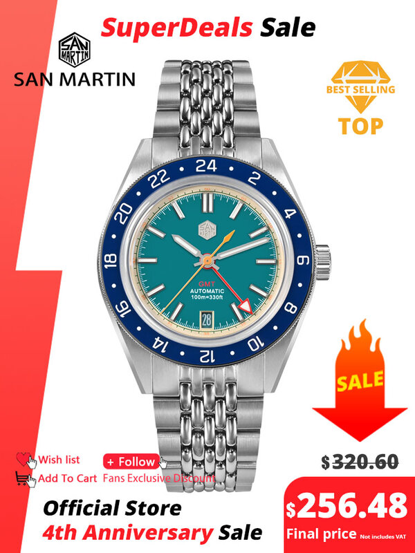 San Martin นาฬิกาสปอร์ตสำหรับผู้ชาย, นาฬิกาสปอร์ตดีไซน์ดั้งเดิม GMT 39.5mm NH34อัตโนมัติญี่ปุ่นกันน้ำได้100M SN0116 reloj