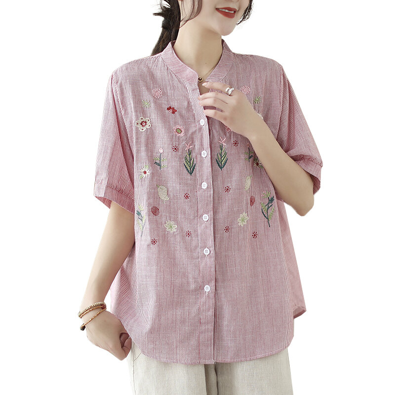 Женская свободная рубашка из хлопка и льна, повседневная винтажная блузка с цветочной вышивкой и V-образным вырезом, с коротким рукавом, модель X1163 на лето, 2024