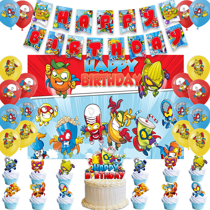 Superthings spanduk balon dekorasi pesta ulang tahun latar belakang kue Topper Superzings perlengkapan pesta Baby Shower