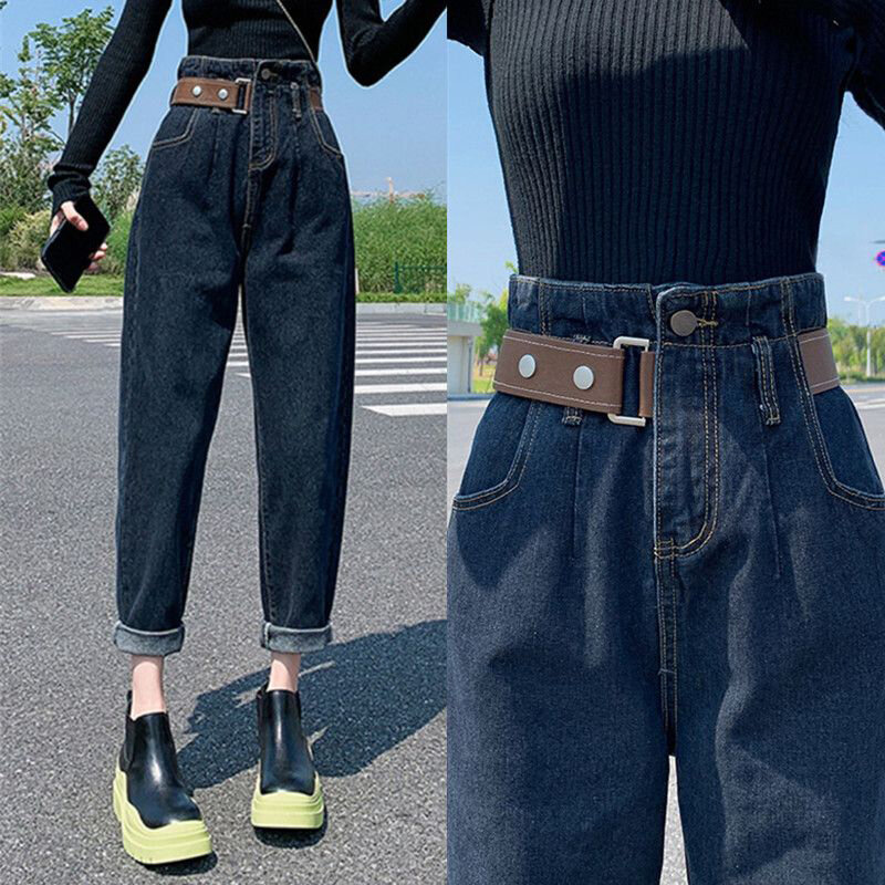 New Womens Large Size High-Waisted Jeans Autumn Winter Retro Haren Pants Loose Female Casual Radish Nine-Point Pants Bluish Grey