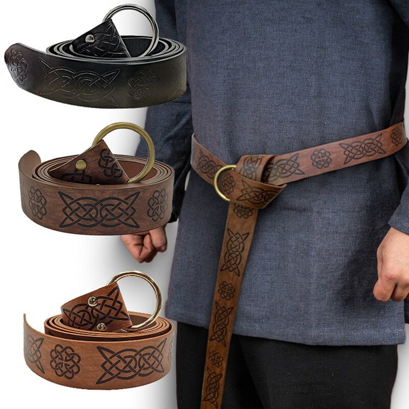 Medieval Embossed Vegvisir PU Leather O Ring Belt Retro Buckles Belt Waistband for Men Light Brown