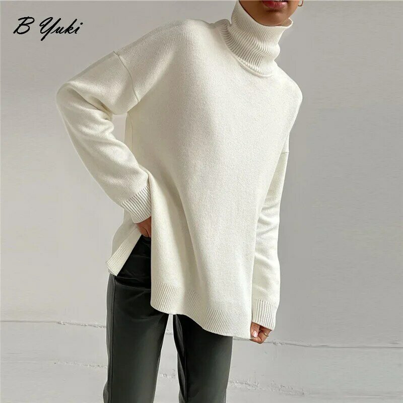 Blessyuki oversized cashmere split camisola de malha feminina 2023 inverno básico engrossar quente gola alta pulôver fêmea camisola macia