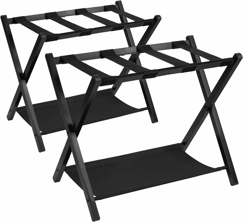 Heybly Luggage Rack Pack of 2 Steel Folding Suitcase Stand with Storage Shelf for Guest Room Bedroom Hotel Black
