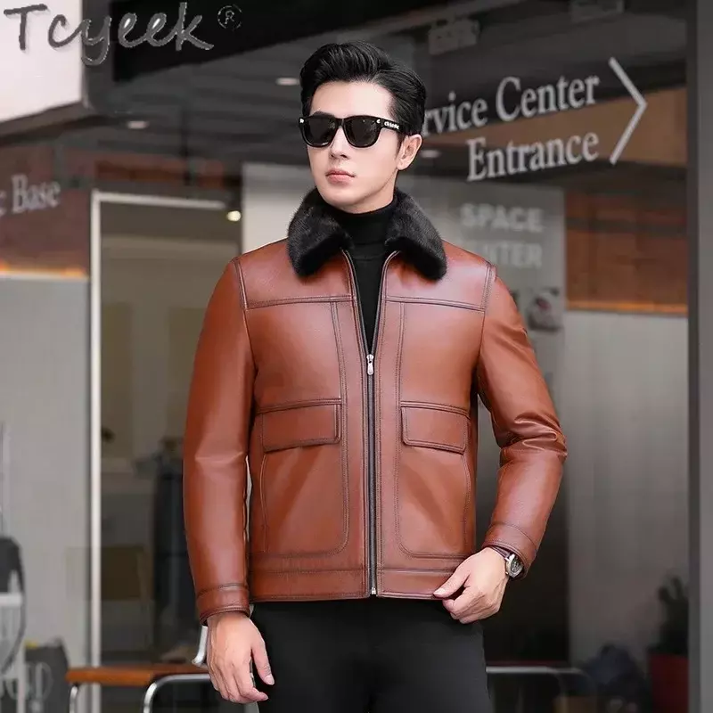 Tcyeek-abrigos de piel Natural para hombre, chaquetas gruesas y cálidas de piel auténtica, abrigo corto de piel de vaca, cuello de piel de visón, ropa de invierno