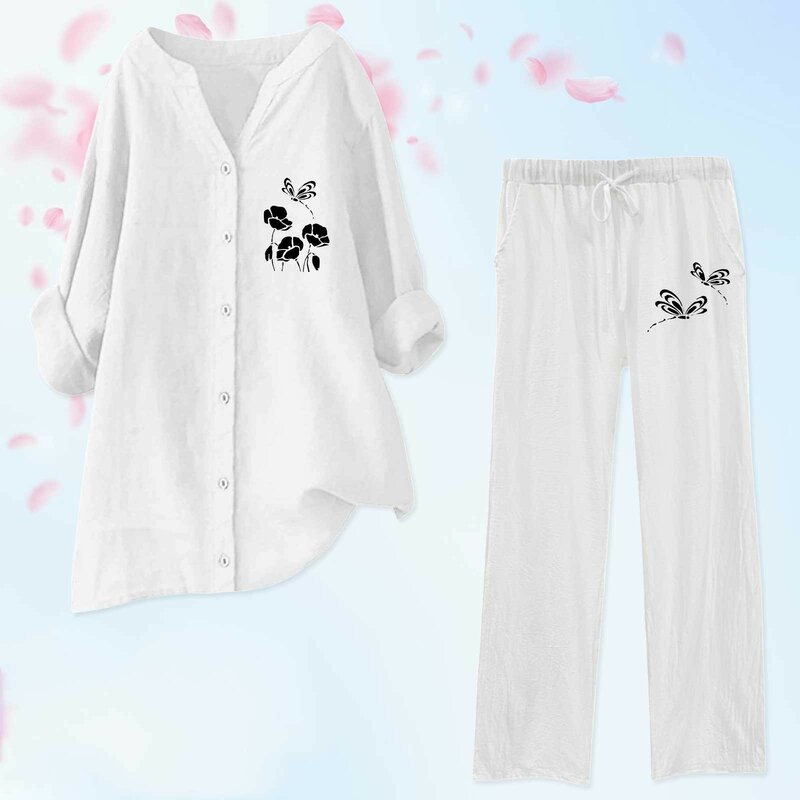 Conjunto de 2 piezas para mujer, blusa de pierna ancha con bolsillos y pantalones elásticos, camisa informal con cuello en V, mono de moda