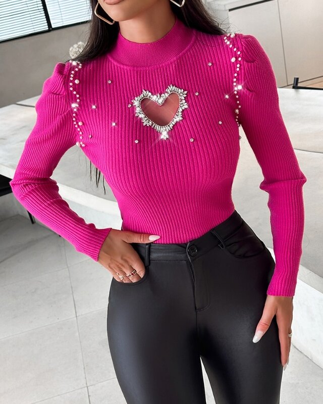 Women Sexy Sweater 2024 Early Spring Latest Mock Neck Long Sleeve Rhinestone Hollow Heart Knit Tight Fit Daily Versatile Sweater