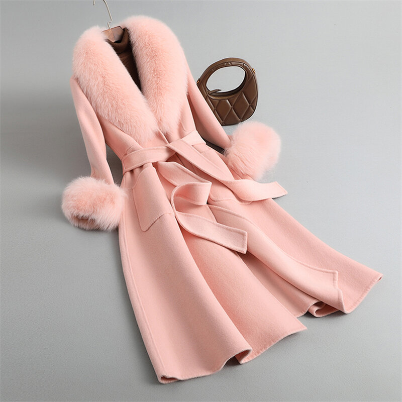 Aorice Women Luxury Winter Wool Fur Coat Jacket Femal Fox Fur Collar Coats Lady Long Over Size Parka Trench CT2133