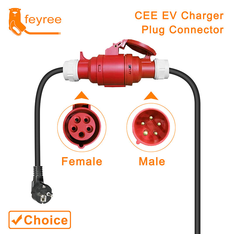 Feyree شاحن سيارات كهربائية Schuko التوصيل إلى CEE الأحمر قوة أنثى التوصيل 5 دبابيس محول مأخذ التوصيل الاتصال مع 16A 3 المرحلة 11KW شاحن محمول