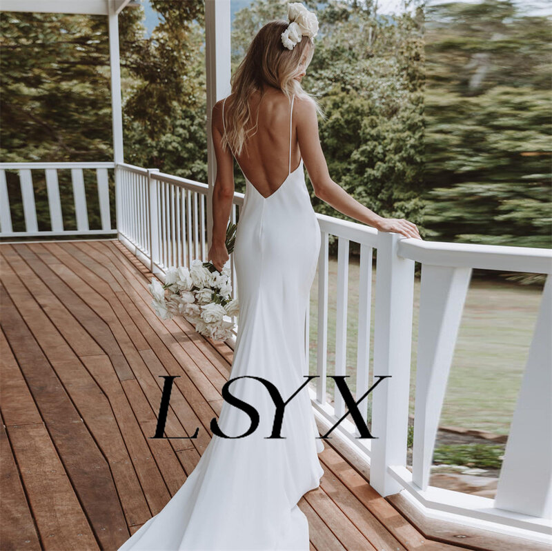 LSYX-vestido de novia de sirena de encaje sin mangas con tirantes finos y cuello en V profundo, longitud de espalda abierta, hecho a medida