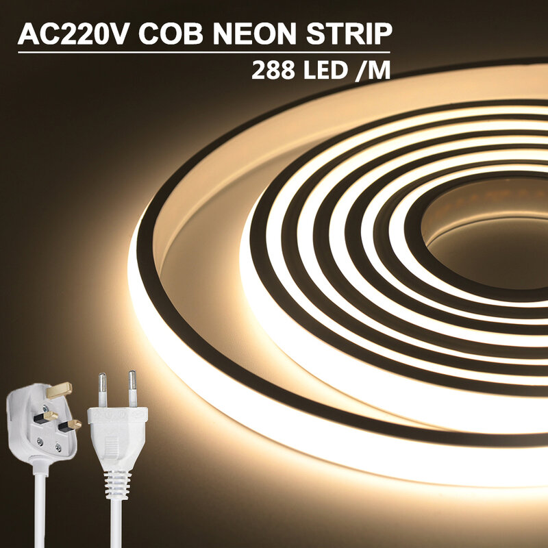 COB LED lampu Strip Neon 220V, colokan EU UK Plug 288LED/m RA90 fleksibel pita LED tahan air taman luar ruangan dapur kamar tidur dekorasi