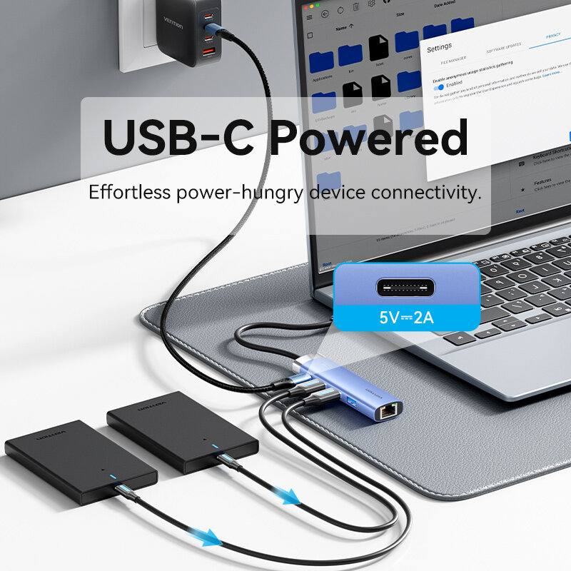 Vention adaptor Ethernet USB, 1000Mbps USB3.0 HUB RJ45 Lan untuk Macbook Windows Laptop PC Xiaomi Mi TV Box USB-C HUB kartu jaringan