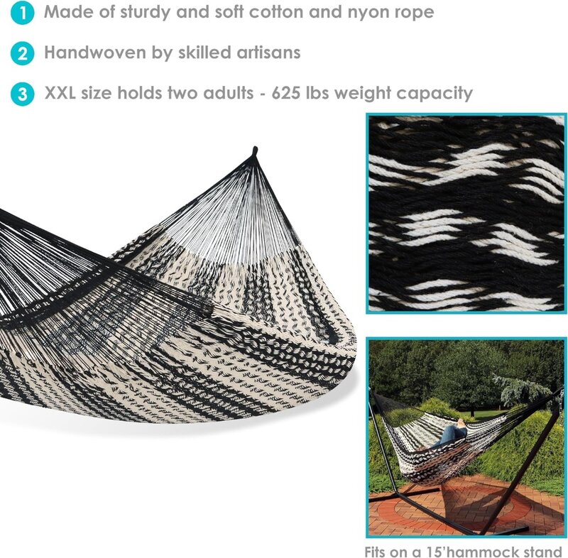 Семейный гамак Mayan Sunnydaze ручной работы, толстый шнур XXL, 625 фунта, 156 дюйма, длина X 90 дюймов, мощность-черный/натуральный