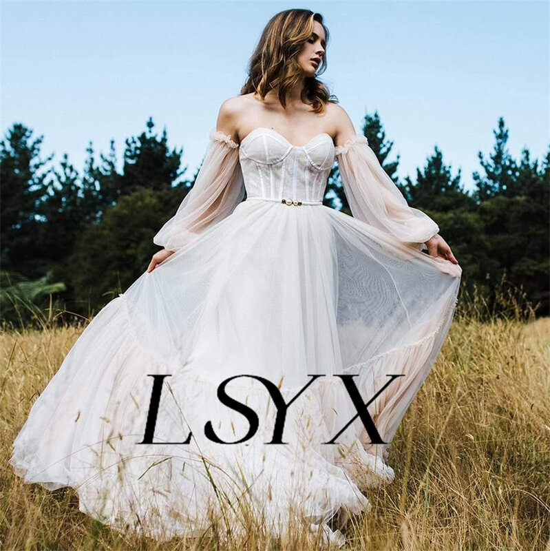 LSYX 여성용 오프숄더 얇은 명주 그물 웨딩 원피스, 착시 레이스업 백 A 라인 바닥 길이 신부 가운, 맞춤 제작