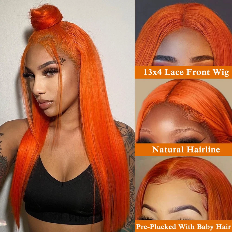 Lumiere Wig jahe oranye 13x4 Brazilan rambut manusia Frontal lurus renda HD Wig transparan rambut renda Remy alami