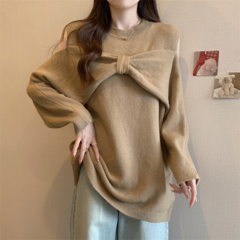 Sweter rajut wanita lengan panjang, Pullover wanita ukuran besar, gaya baru 2023, Sweater lengan panjang, pita longgar, modis, warna Solid, untuk wanita
