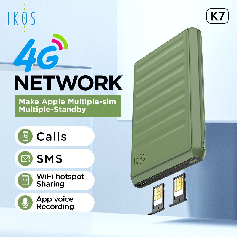 Ikos k7 4g adaptador sim para iphone 2 ou 4 cartões sim, ativo, chamada, sms, wi-fi, hotspot, função de compartilhamento de dados/internet